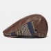 Men PU Leather Autumn Warm Beret Cap Retro Color Stripe Knit Stitching Patch Flat Hat Forward Cap Peaked Cap