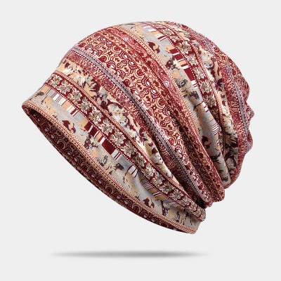 Women Polyester Cotton Overlay Geometry Print Elastic Dual  use Bib Scarf Beanie Hat